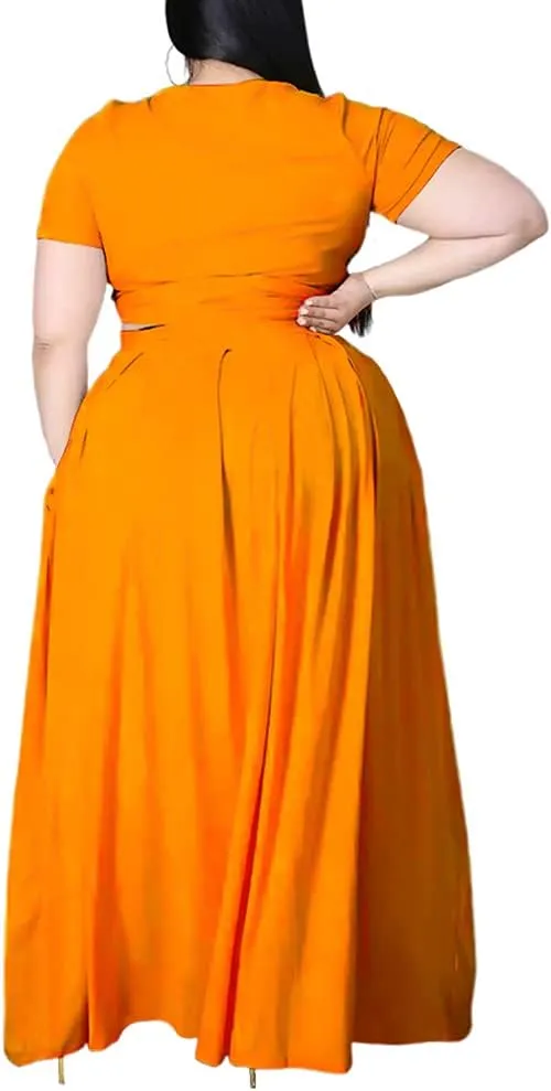 Ophestin Womens Plus Size 2 Piece Dress Outfits Solid Color Crop Top Maxi Skirts Set