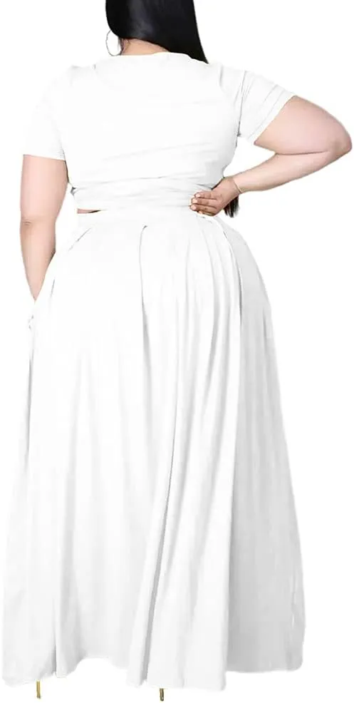 Ophestin Womens Plus Size 2 Piece Dress Outfits Solid Color Crop Top Maxi Skirts Set