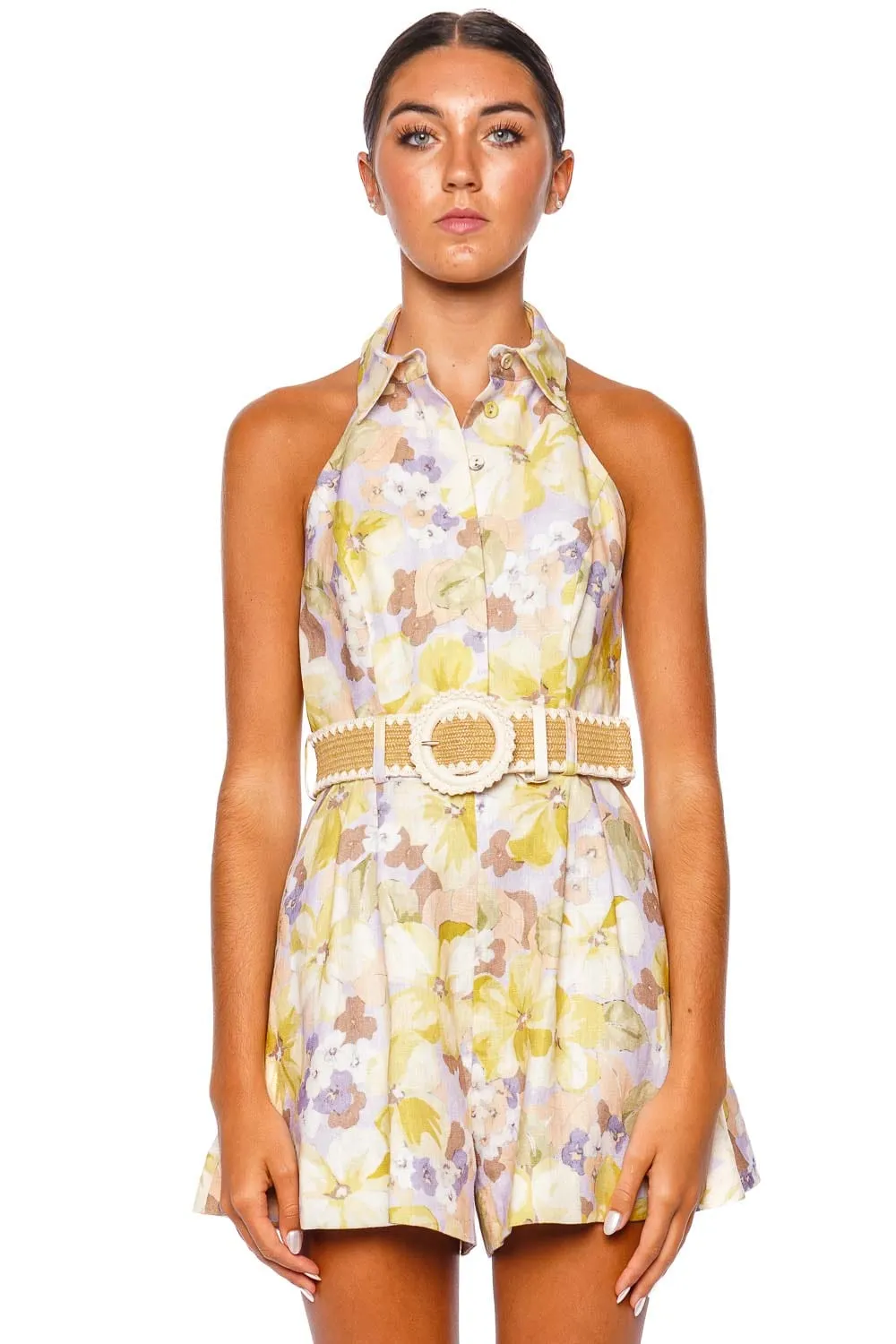 Pop Halterneck Floral Belted Playsuit
