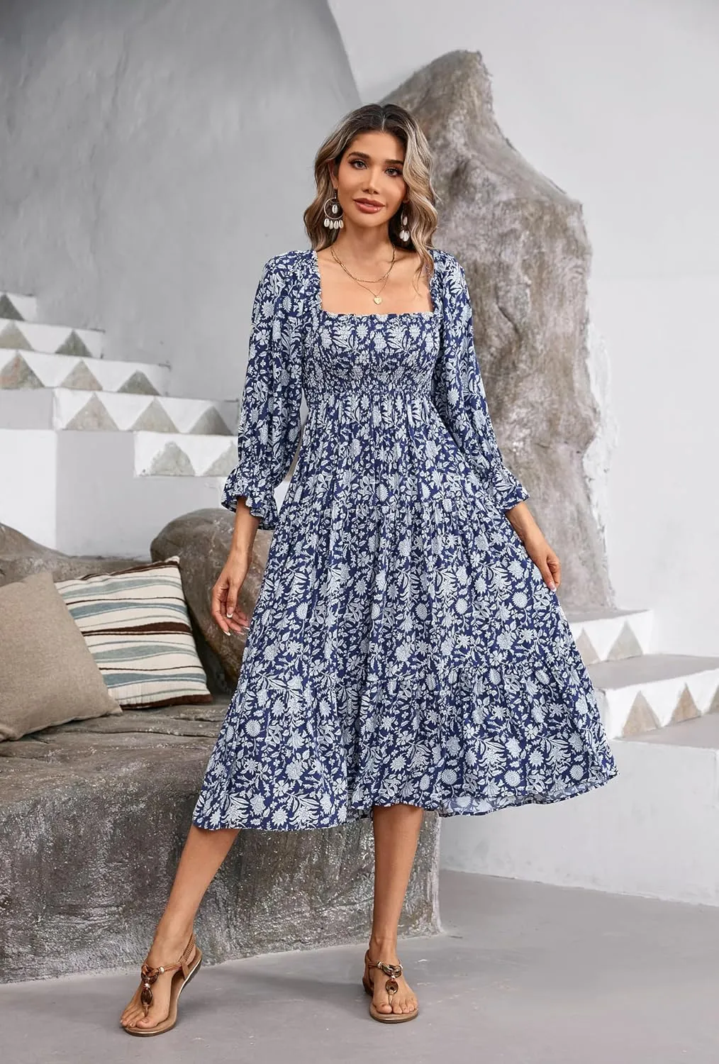 R.Vivimos Women's Summer Cotton Plaid Puff Sleeves Bow Casual Off-Shoulder Boho Midi Dress