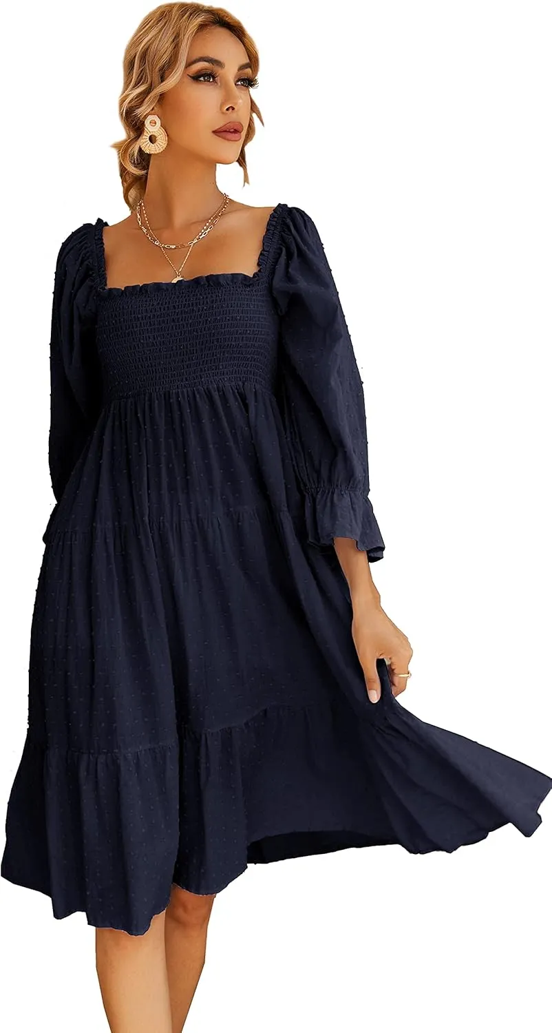 R.Vivimos Women's Summer Cotton Plaid Puff Sleeves Bow Casual Off-Shoulder Boho Midi Dress