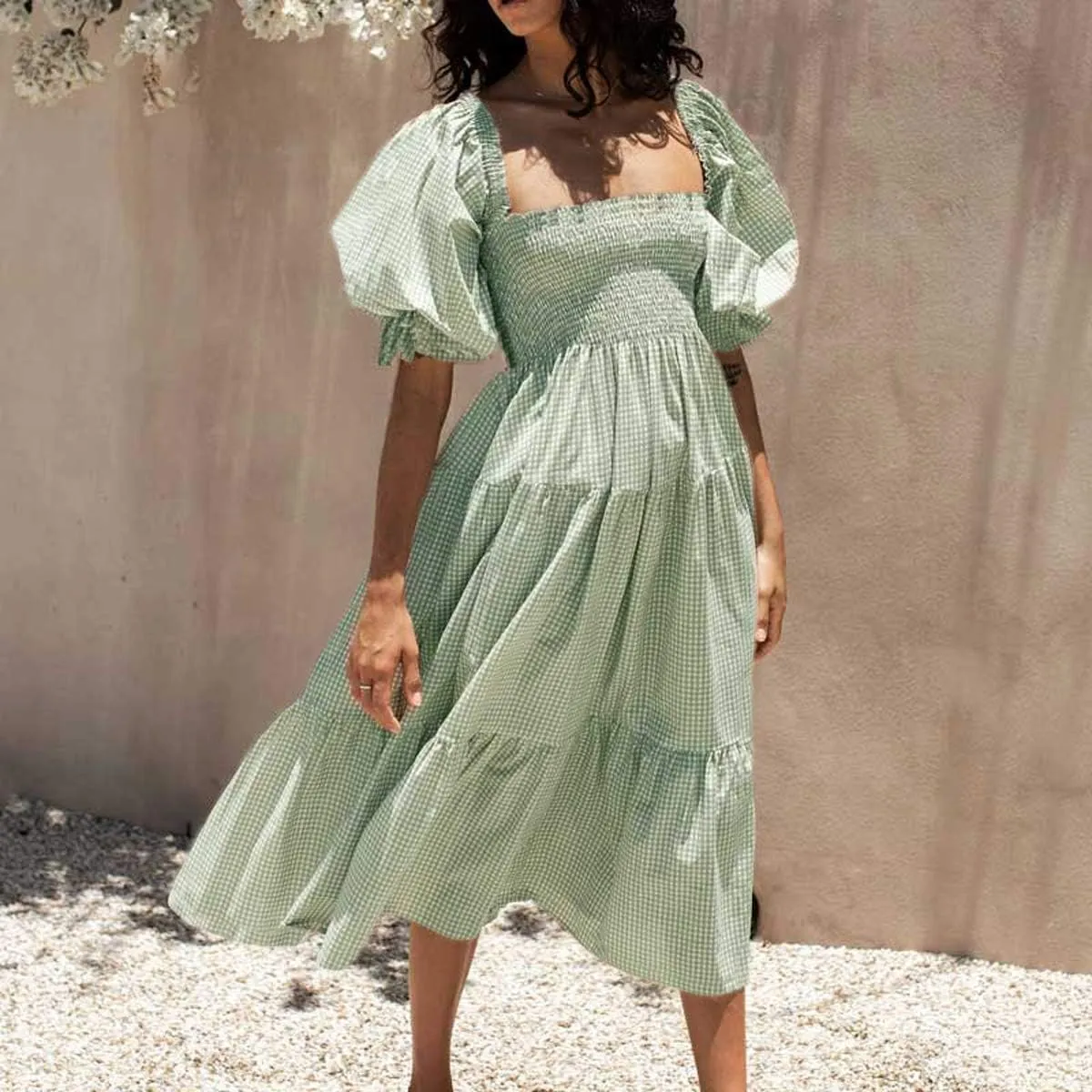 R.Vivimos Women's Summer Cotton Plaid Puff Sleeves Bow Casual Off-Shoulder Boho Midi Dress