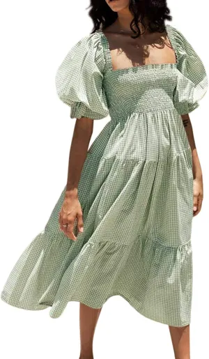 R.Vivimos Women's Summer Cotton Plaid Puff Sleeves Bow Casual Off-Shoulder Boho Midi Dress