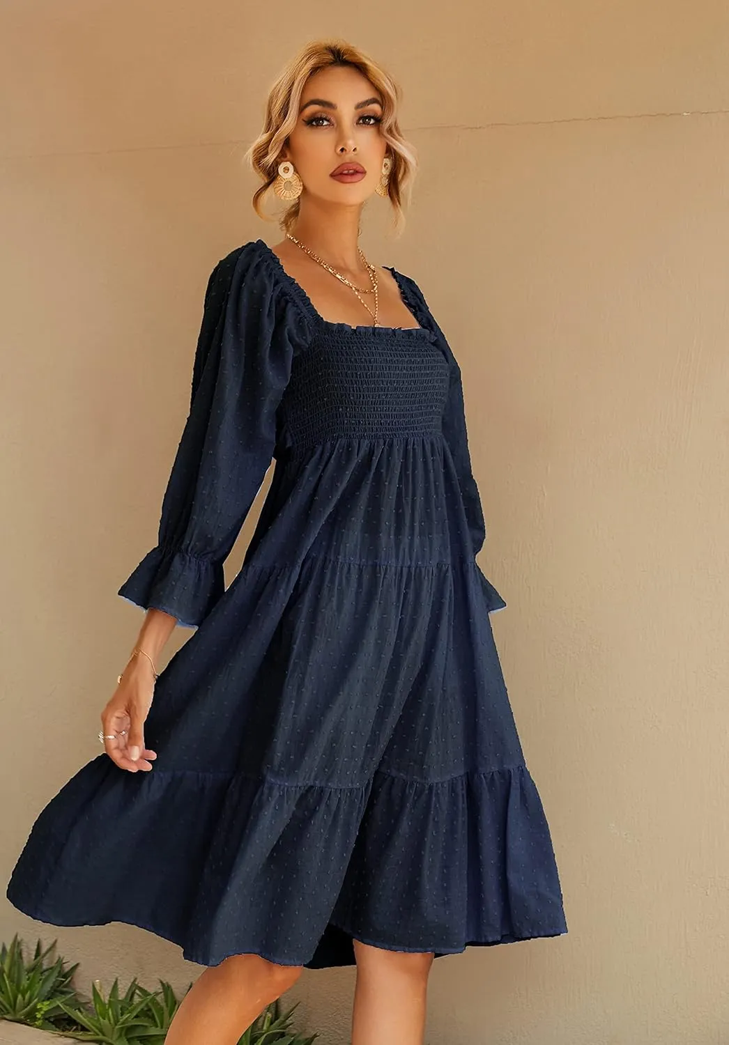R.Vivimos Women's Summer Cotton Plaid Puff Sleeves Bow Casual Off-Shoulder Boho Midi Dress