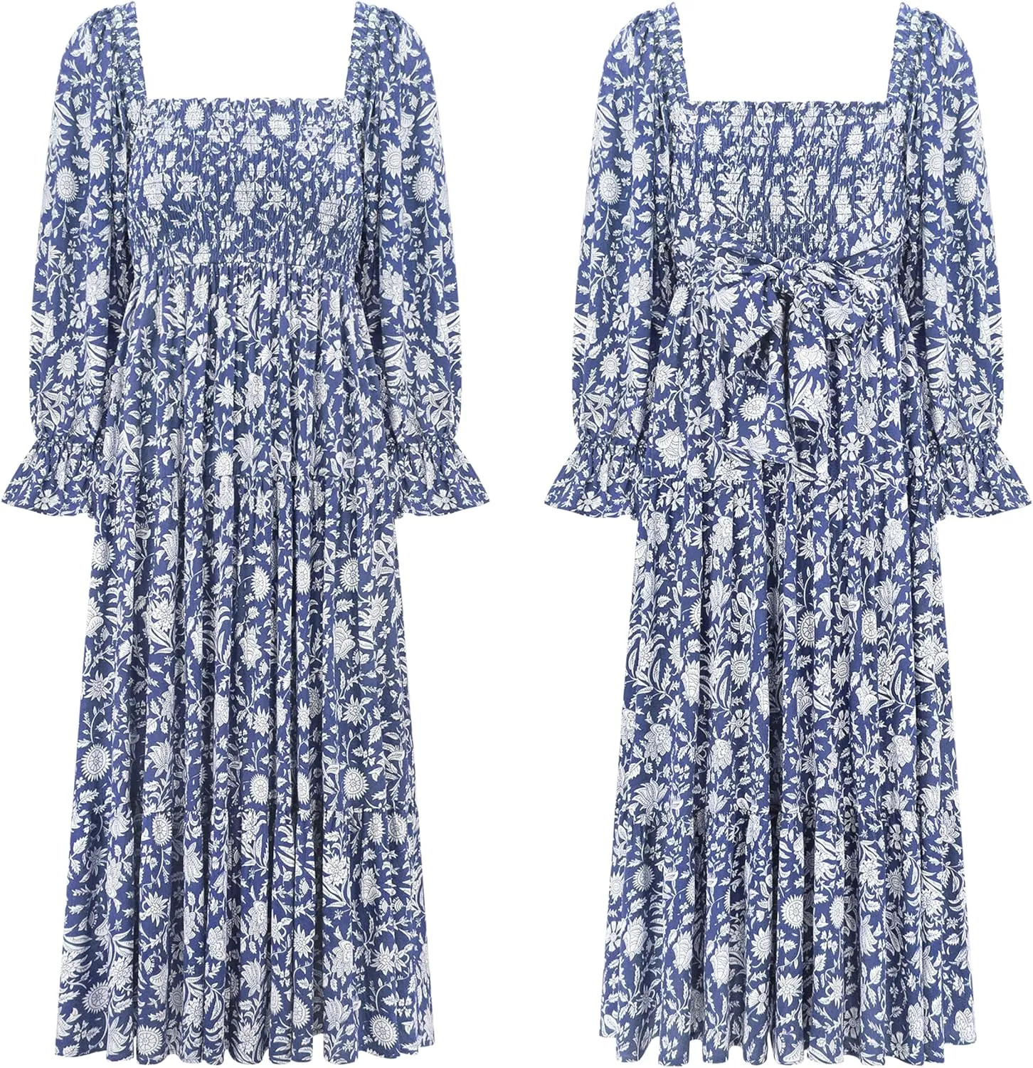 R.Vivimos Women's Summer Cotton Plaid Puff Sleeves Bow Casual Off-Shoulder Boho Midi Dress