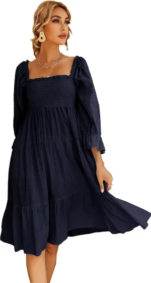 R.Vivimos Women's Summer Cotton Plaid Puff Sleeves Bow Casual Off-Shoulder Boho Midi Dress