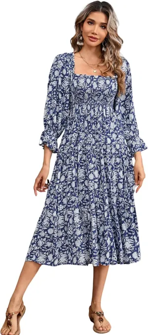 R.Vivimos Women's Summer Cotton Plaid Puff Sleeves Bow Casual Off-Shoulder Boho Midi Dress