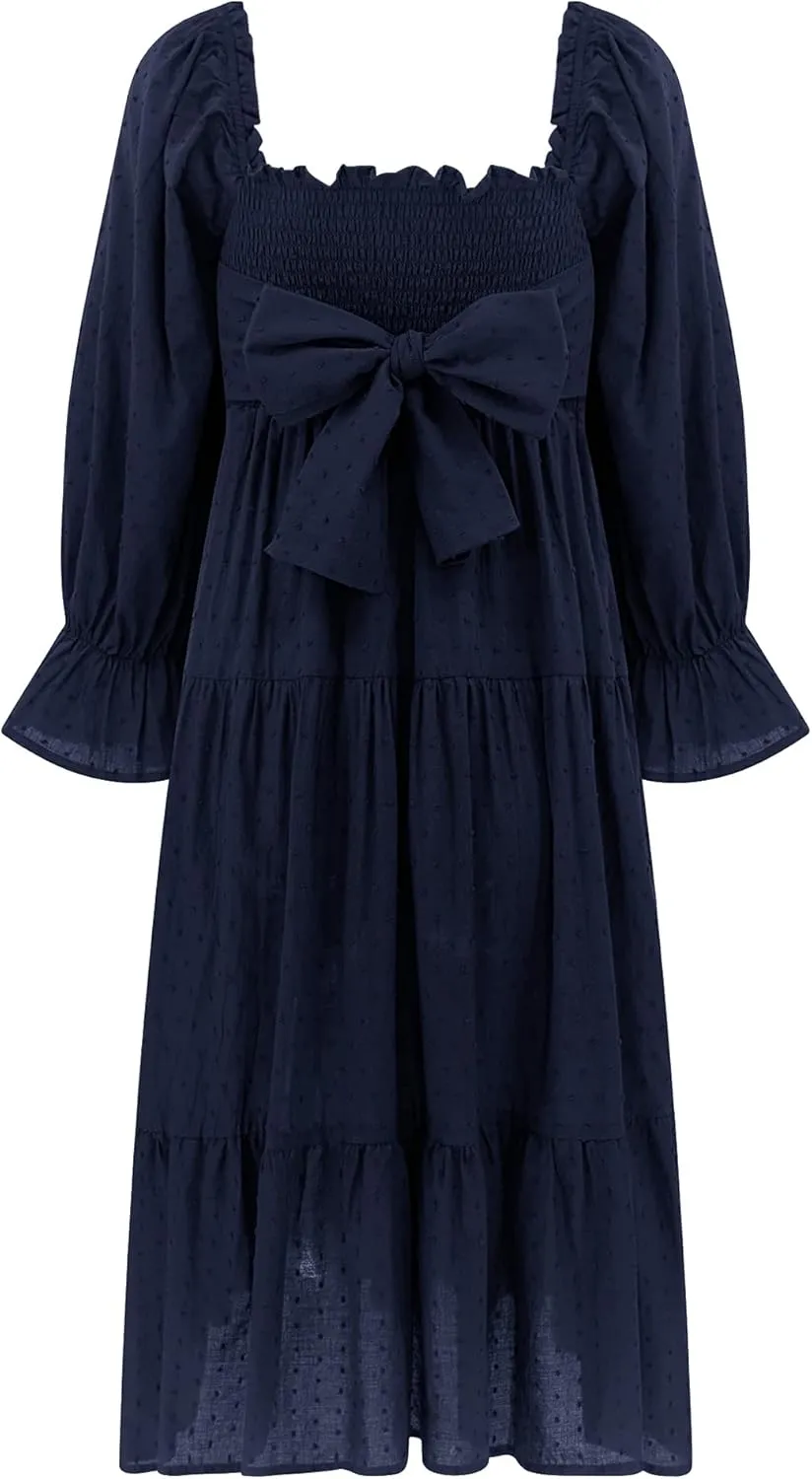 R.Vivimos Women's Summer Cotton Plaid Puff Sleeves Bow Casual Off-Shoulder Boho Midi Dress