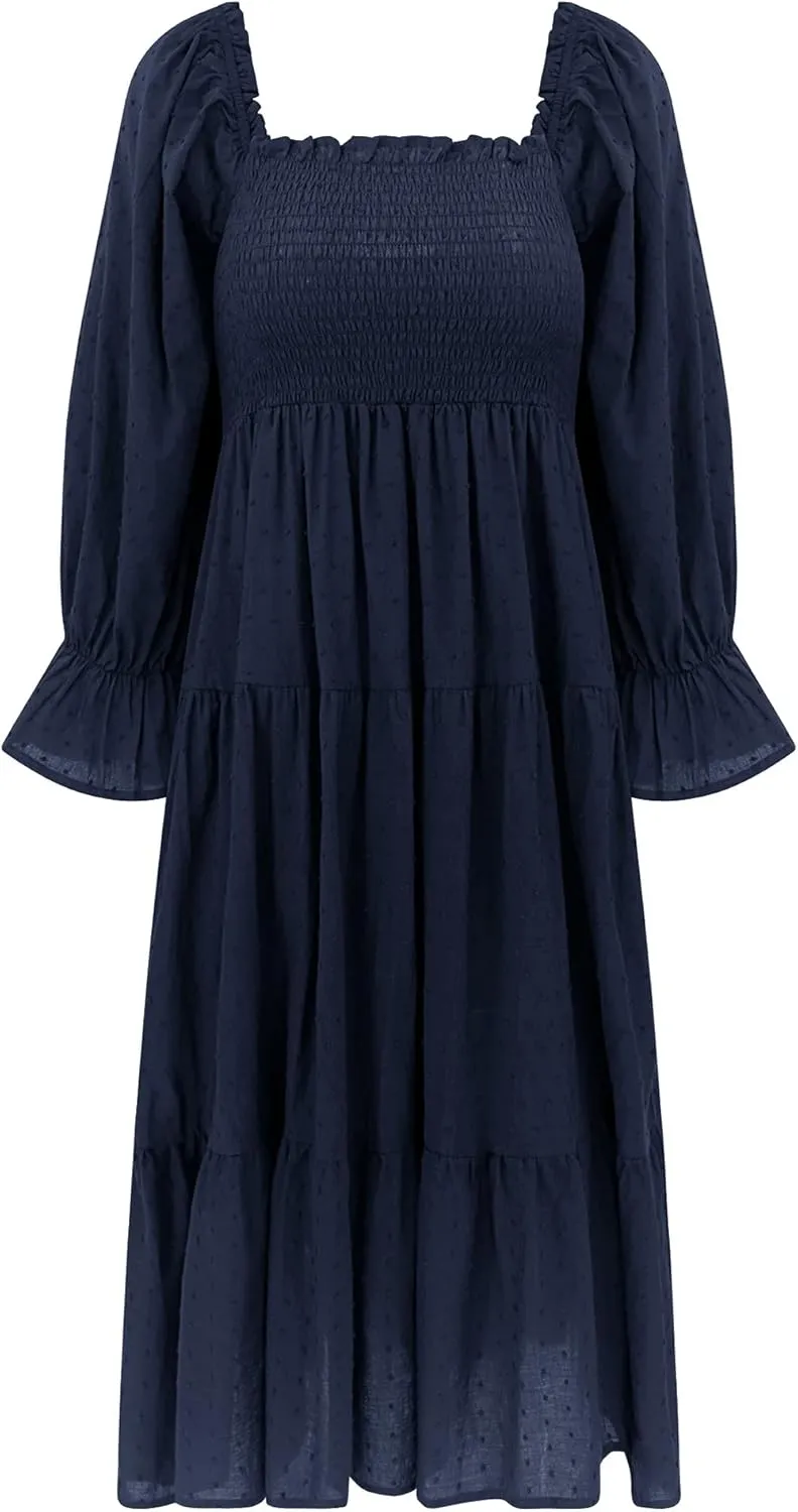 R.Vivimos Women's Summer Cotton Plaid Puff Sleeves Bow Casual Off-Shoulder Boho Midi Dress