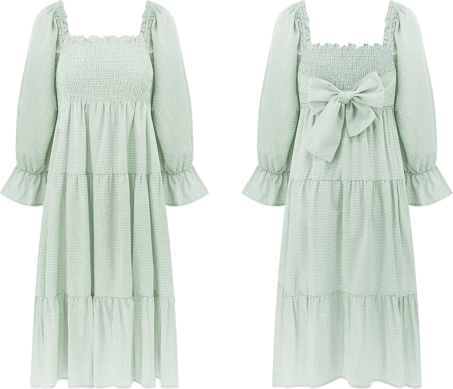 R.Vivimos Women's Summer Cotton Plaid Puff Sleeves Bow Casual Off-Shoulder Boho Midi Dress