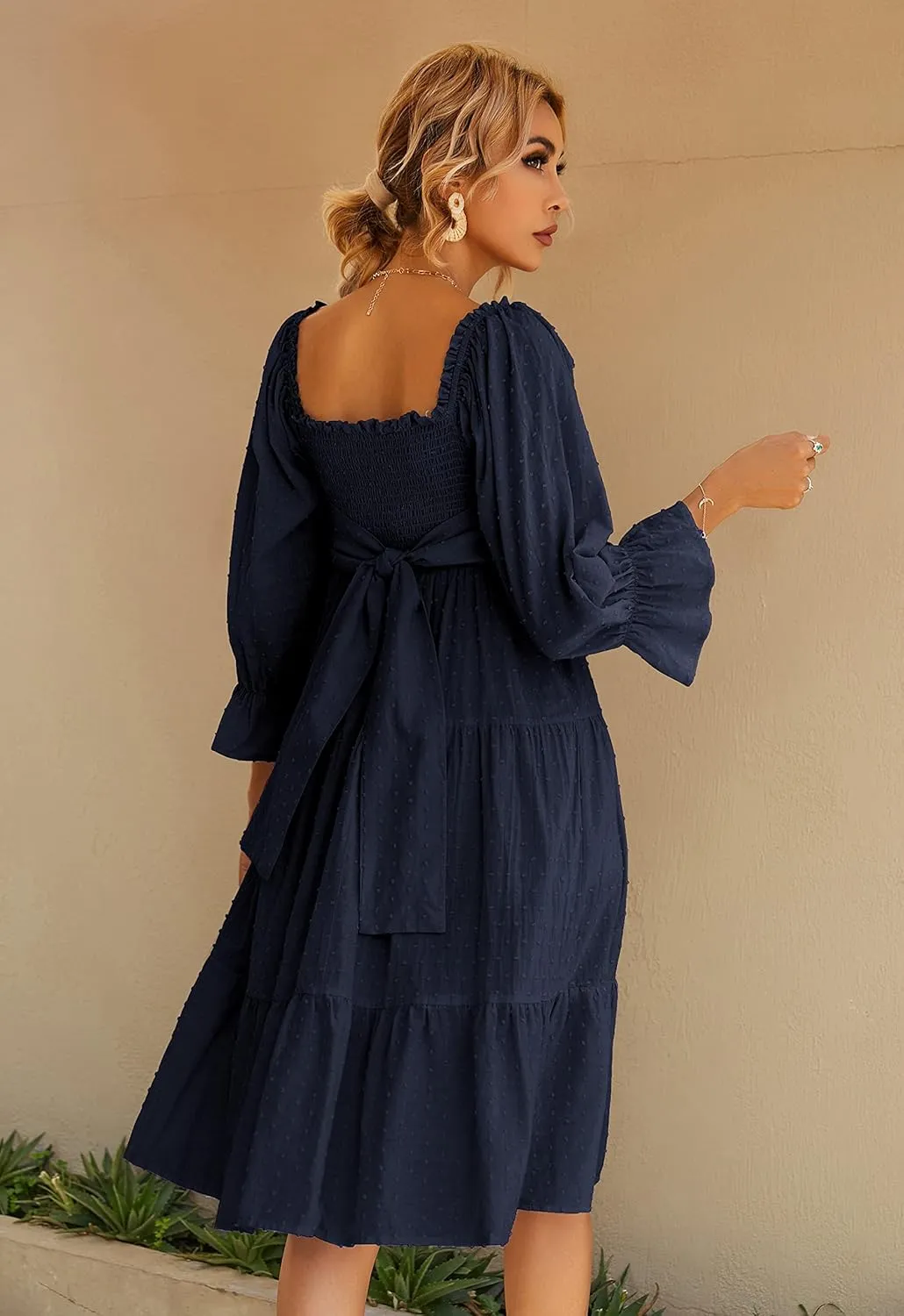 R.Vivimos Women's Summer Cotton Plaid Puff Sleeves Bow Casual Off-Shoulder Boho Midi Dress