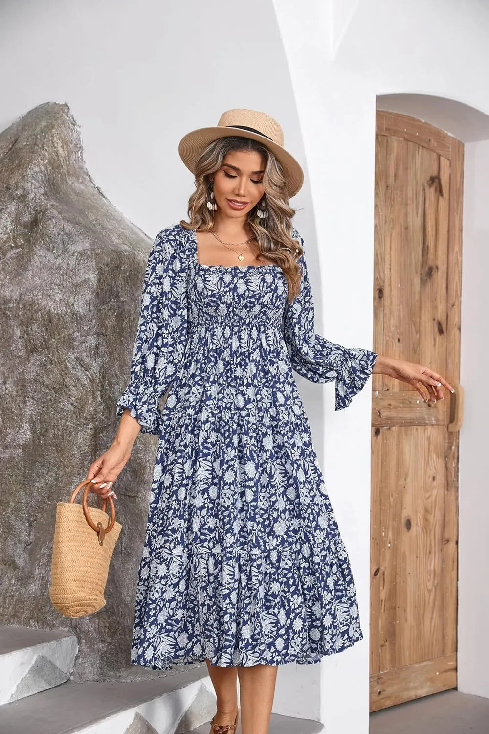R.Vivimos Women's Summer Cotton Plaid Puff Sleeves Bow Casual Off-Shoulder Boho Midi Dress