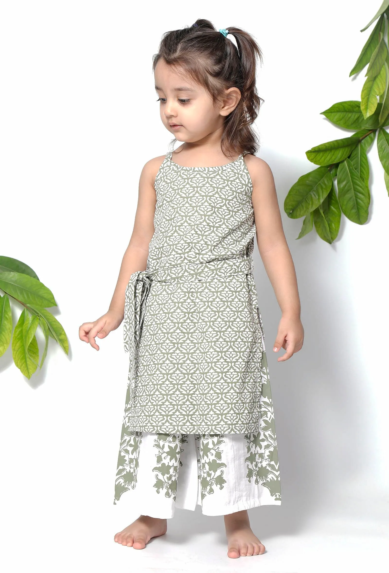 Set of 2 - Tiana Sea Green Handblock Cotton Floral Pallazo and Suit Set