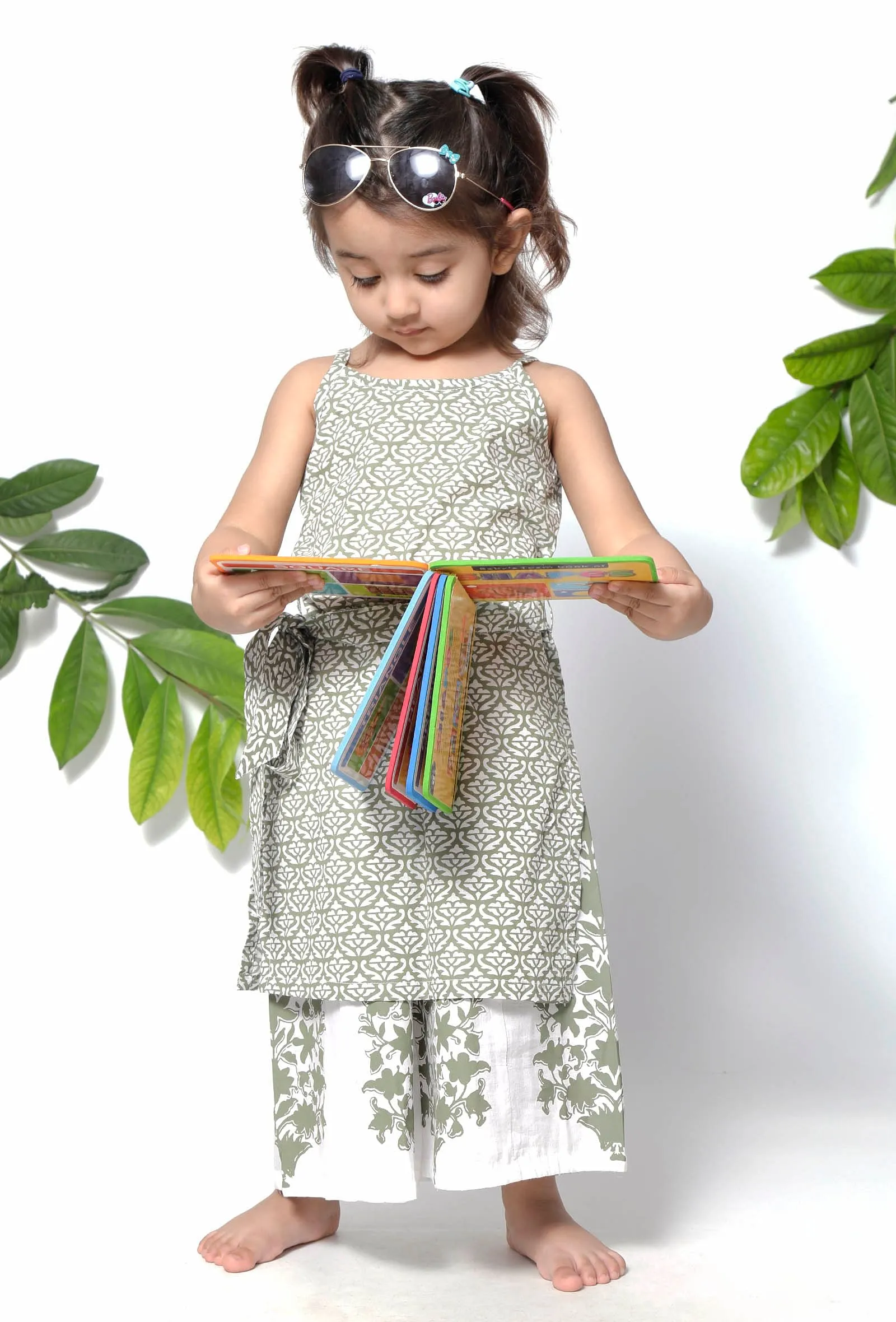 Set of 2 - Tiana Sea Green Handblock Cotton Floral Pallazo and Suit Set