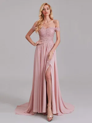 Sexy A-Line Off The Shoulder Side Slit Chiffon Long Bridesmaid Dress With Lace