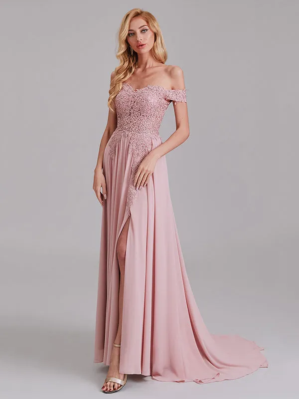 Sexy A-Line Off The Shoulder Side Slit Chiffon Long Bridesmaid Dress With Lace
