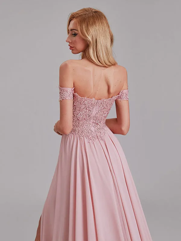 Sexy A-Line Off The Shoulder Side Slit Chiffon Long Bridesmaid Dress With Lace