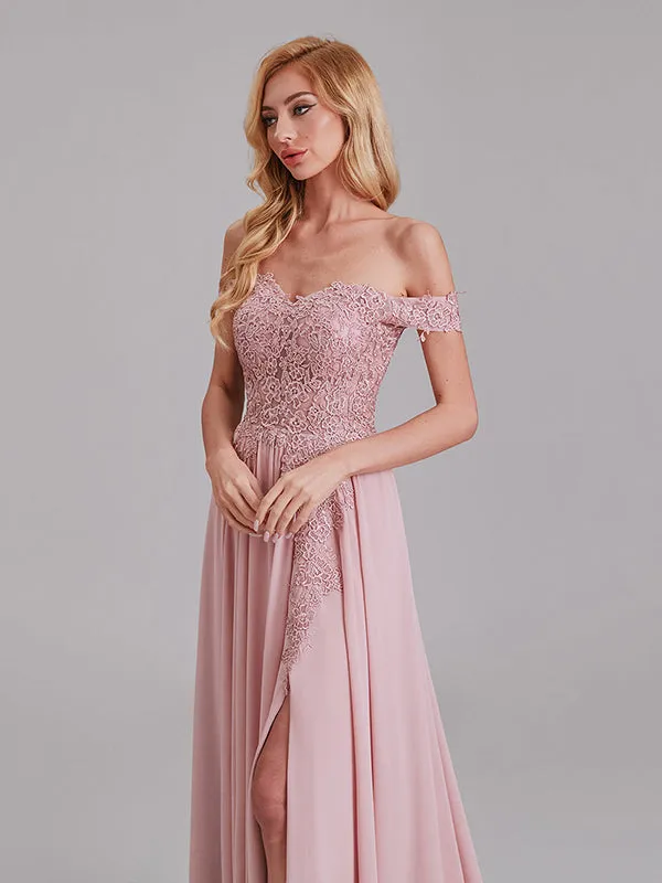 Sexy A-Line Off The Shoulder Side Slit Chiffon Long Bridesmaid Dress With Lace