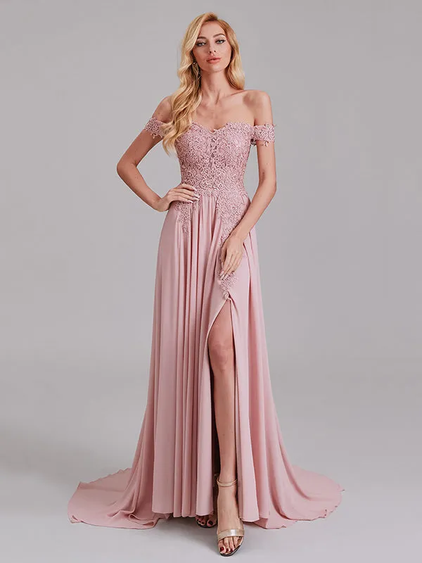 Sexy A-Line Off The Shoulder Side Slit Chiffon Long Bridesmaid Dress With Lace