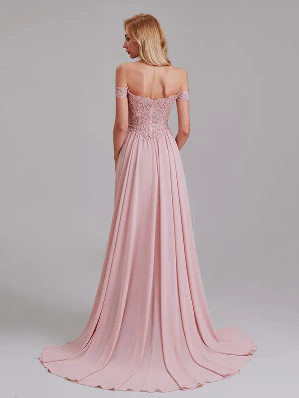 Sexy A-Line Off The Shoulder Side Slit Chiffon Long Bridesmaid Dress With Lace