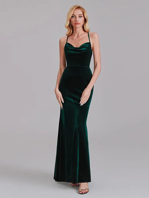 Sexy Cowl Halter Mermaid Velvet Long Bridesmaid Dresses With Crisscross Back