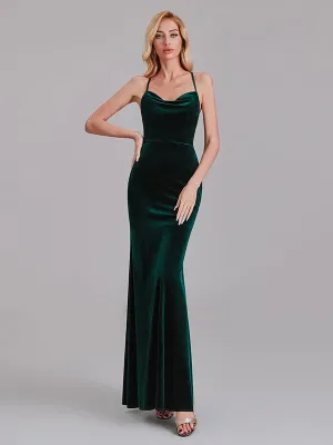 Sexy Cowl Halter Mermaid Velvet Long Bridesmaid Dresses With Crisscross Back