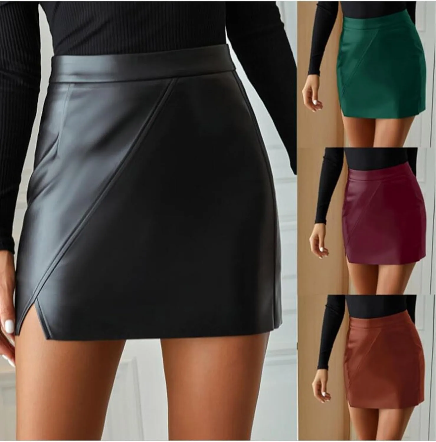 Sexyshine Women's High Waist Faux Leather Mini Skirt Side Split Bodycon PU Mini Pencil Skirts