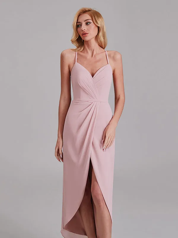 Sheath V-Neck Spaghetti Straps Chiffon Anckle Length Bridesmaid Dresses With Slit