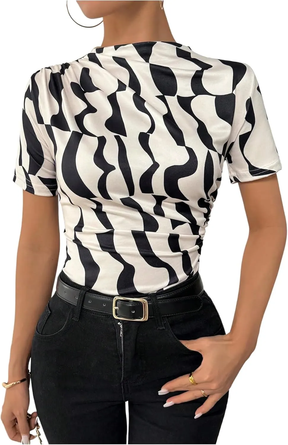 SweatyRocks Women's Ruched Mock Neck T Shirt Short Sleeve Fitted Summer Basic Tops