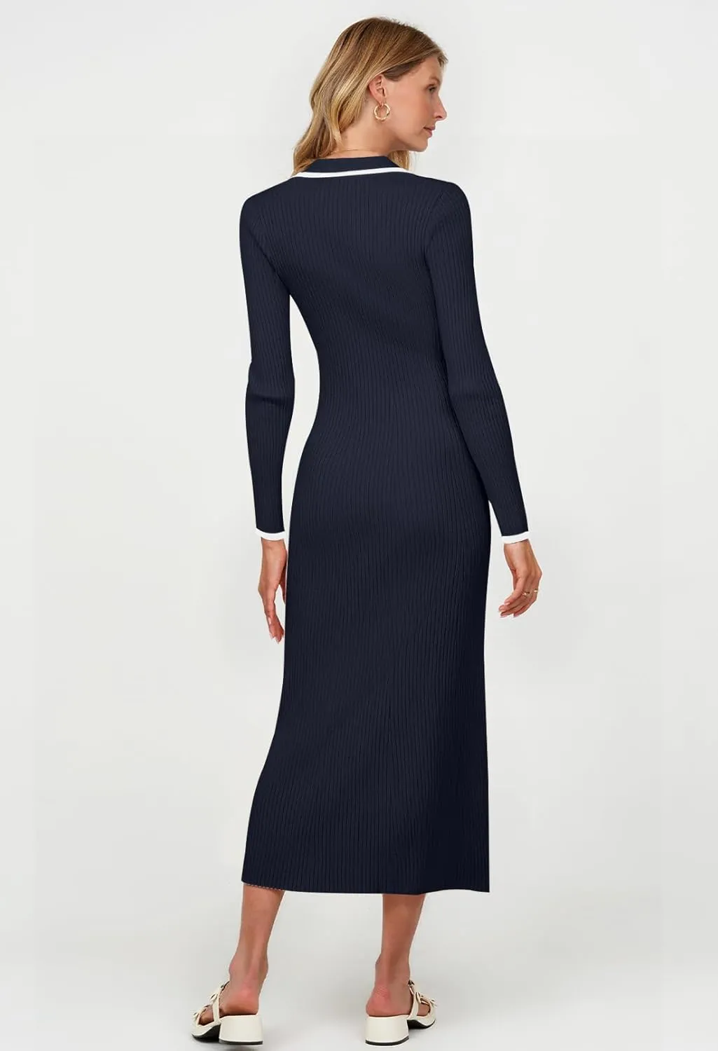 TECREW Women's Long Sleeve V Neck Sweater Maxi Dress Button Bodycon Fitted Fall Ribbed Knit Dresses
