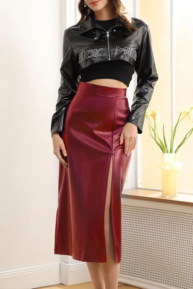Velius Women High Waisted PU Leather Front Thigh Slit Wrap Midi Skirt Long Pencil Bodycon