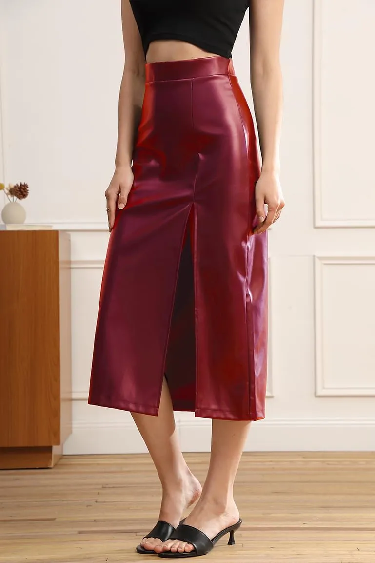 Velius Women High Waisted PU Leather Front Thigh Slit Wrap Midi Skirt Long Pencil Bodycon