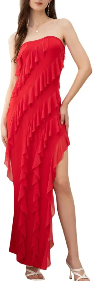Velius Women Sexy Off Shoulder Strapless Mesh Tassel Ruffle Hem Split Maxi Party Dress