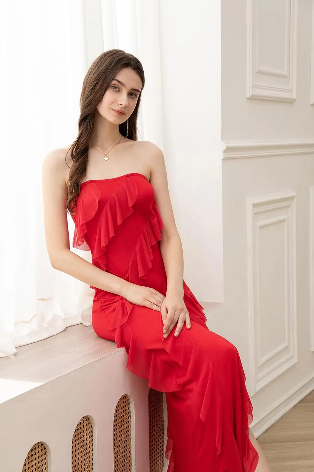 Velius Women Sexy Off Shoulder Strapless Mesh Tassel Ruffle Hem Split Maxi Party Dress