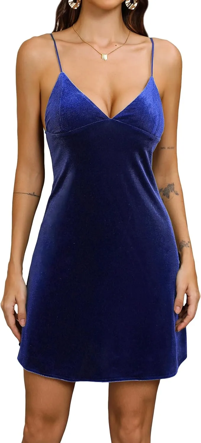 Velvet Spaghetti Straps Relaxed Mini Dress 2024 Women's Sexy V Neck Party Cocktail Club Dress