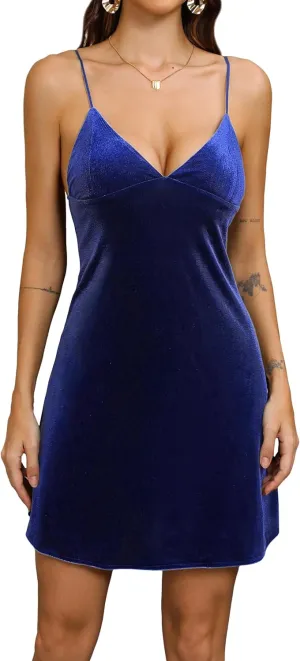 Velvet Spaghetti Straps Relaxed Mini Dress 2024 Women's Sexy V Neck Party Cocktail Club Dress