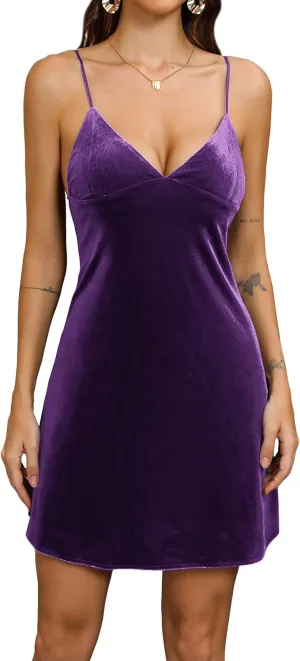 Velvet Spaghetti Straps Relaxed Mini Dress 2024 Women's Sexy V Neck Party Cocktail Club Dress
