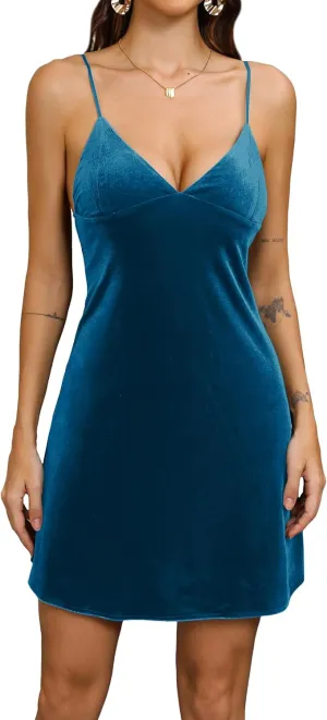 Velvet Spaghetti Straps Relaxed Mini Dress 2024 Women's Sexy V Neck Party Cocktail Club Dress