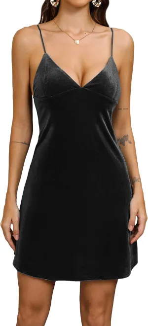 Velvet Spaghetti Straps Relaxed Mini Dress 2024 Women's Sexy V Neck Party Cocktail Club Dress