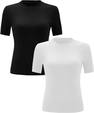 Verdusa Women's 2 Pack Casual Basic Mock Neck Short Sleeve Rib Knit Work Tops
