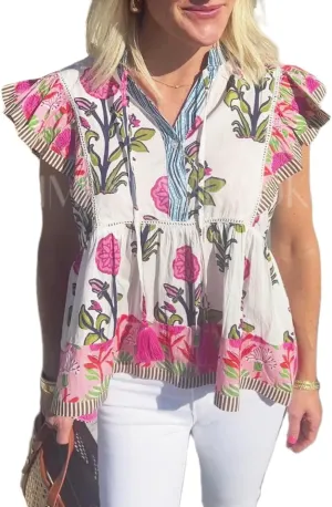 Women Boho Floral Blouse Ruffle Flutter Sleeve V Neck Patchwork Peplum Babydoll Shirt Summer Y2K Going Out Tops