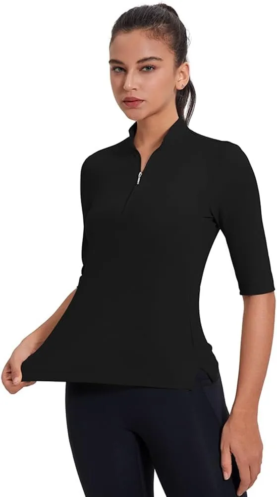 Women's 3/4 Sleeve Golf Polo Shirts UPF 50  1/4 Zip Pullover Shirts Quick Dry Outdoor Athletic Shirt