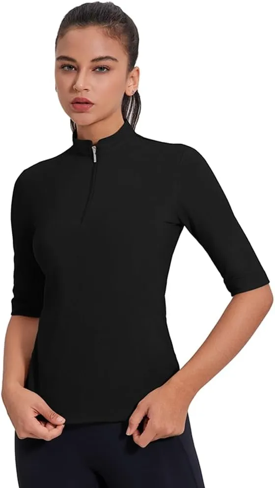 Women's 3/4 Sleeve Golf Polo Shirts UPF 50  1/4 Zip Pullover Shirts Quick Dry Outdoor Athletic Shirt