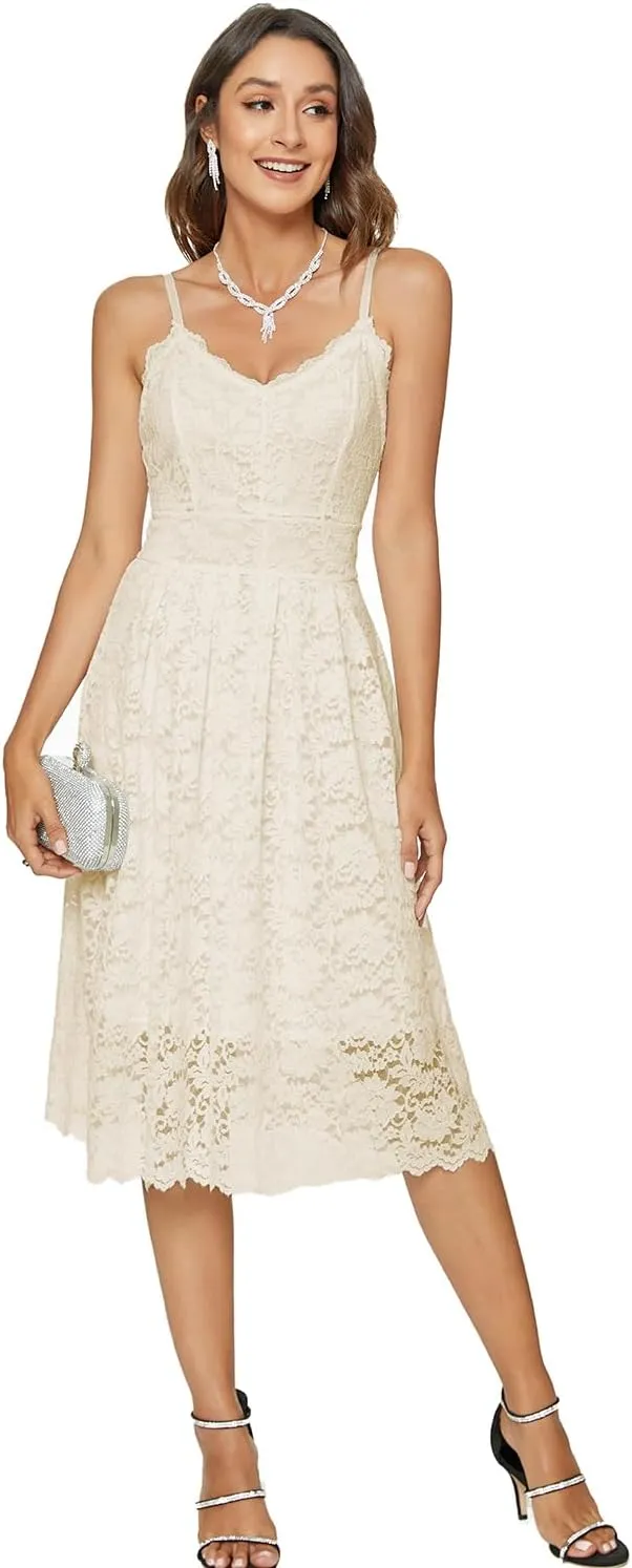 Womens Lace Floral Overlay V Neck Sexy Sleeveless Cocktail Party Swing Wedding Dresses