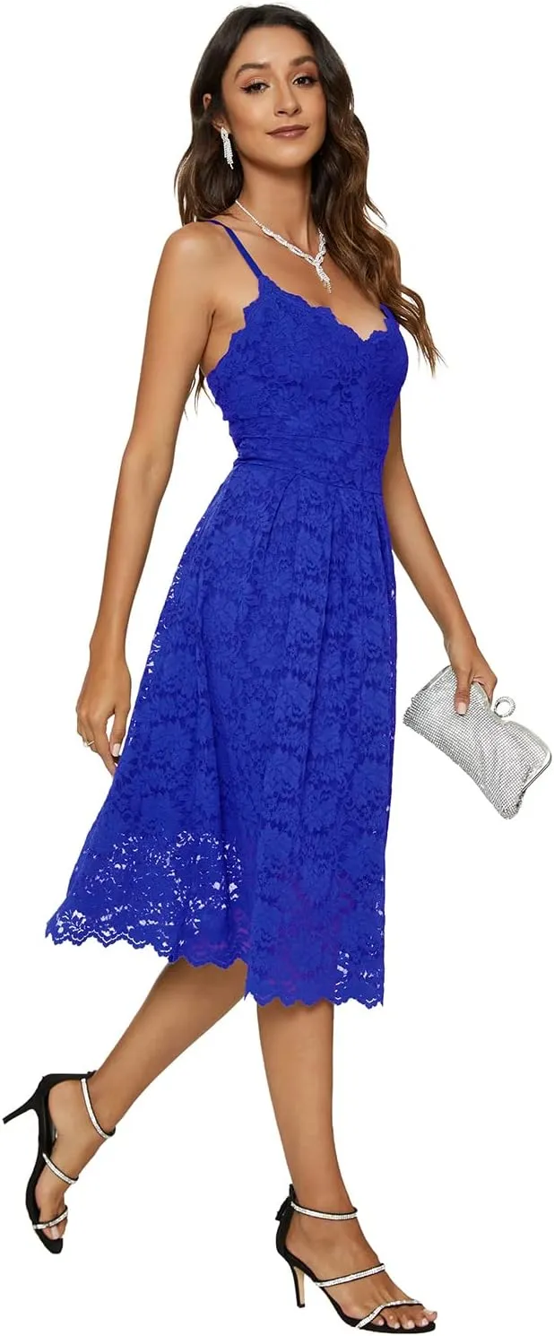 Womens Lace Floral Overlay V Neck Sexy Sleeveless Cocktail Party Swing Wedding Dresses