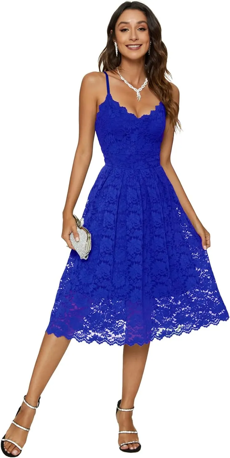 Womens Lace Floral Overlay V Neck Sexy Sleeveless Cocktail Party Swing Wedding Dresses