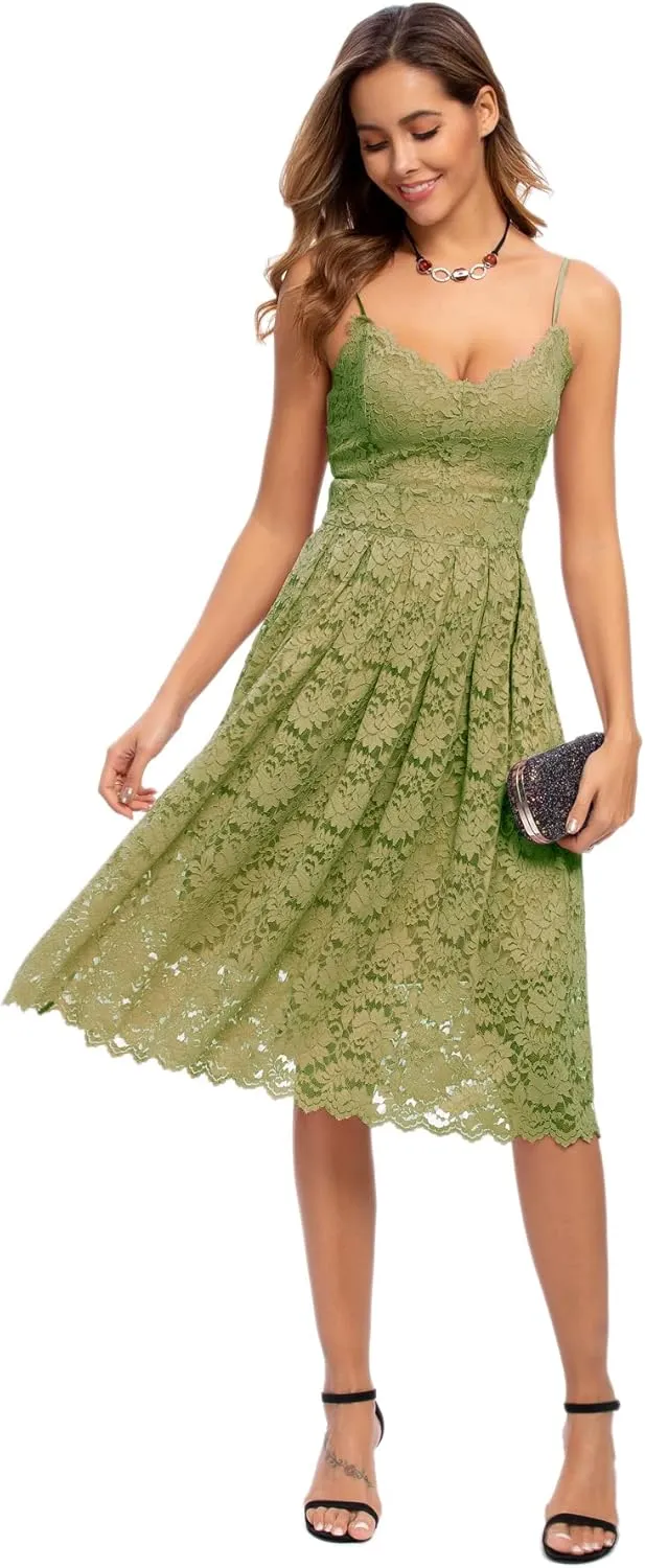 Womens Lace Floral Overlay V Neck Sexy Sleeveless Cocktail Party Swing Wedding Dresses