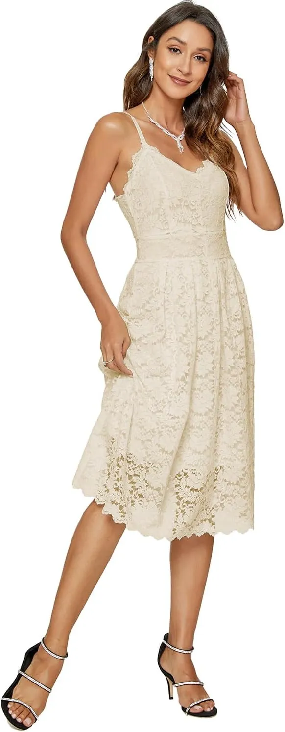 Womens Lace Floral Overlay V Neck Sexy Sleeveless Cocktail Party Swing Wedding Dresses