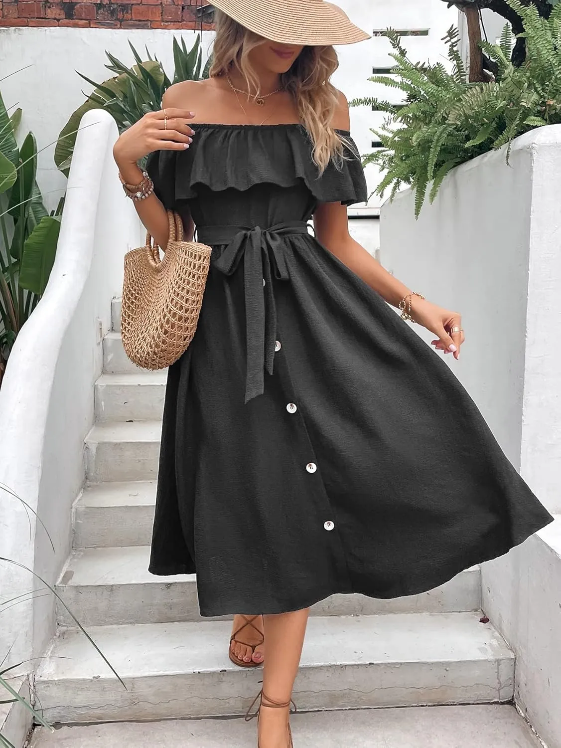 Women's Off Shoulder Ruffle Sleeve Solid High Waist A Line Long Dress with Belt