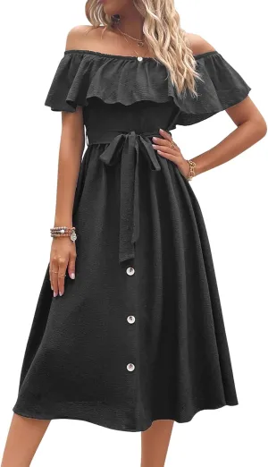 Women's Off Shoulder Ruffle Sleeve Solid High Waist A Line Long Dress with Belt